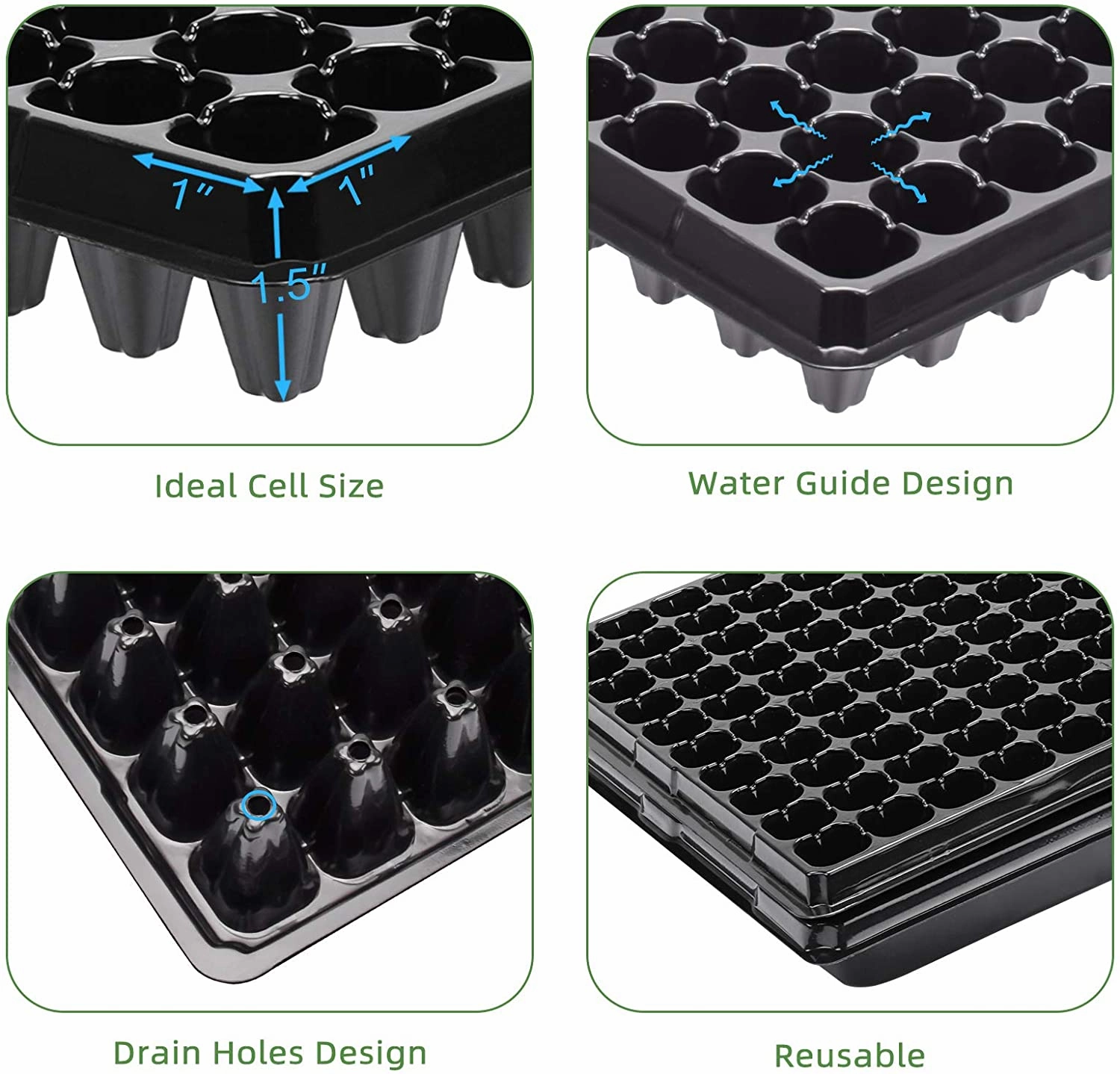 10 Pack of 200 Cell Seedling Trays with Drain Holes, 2000 Cells