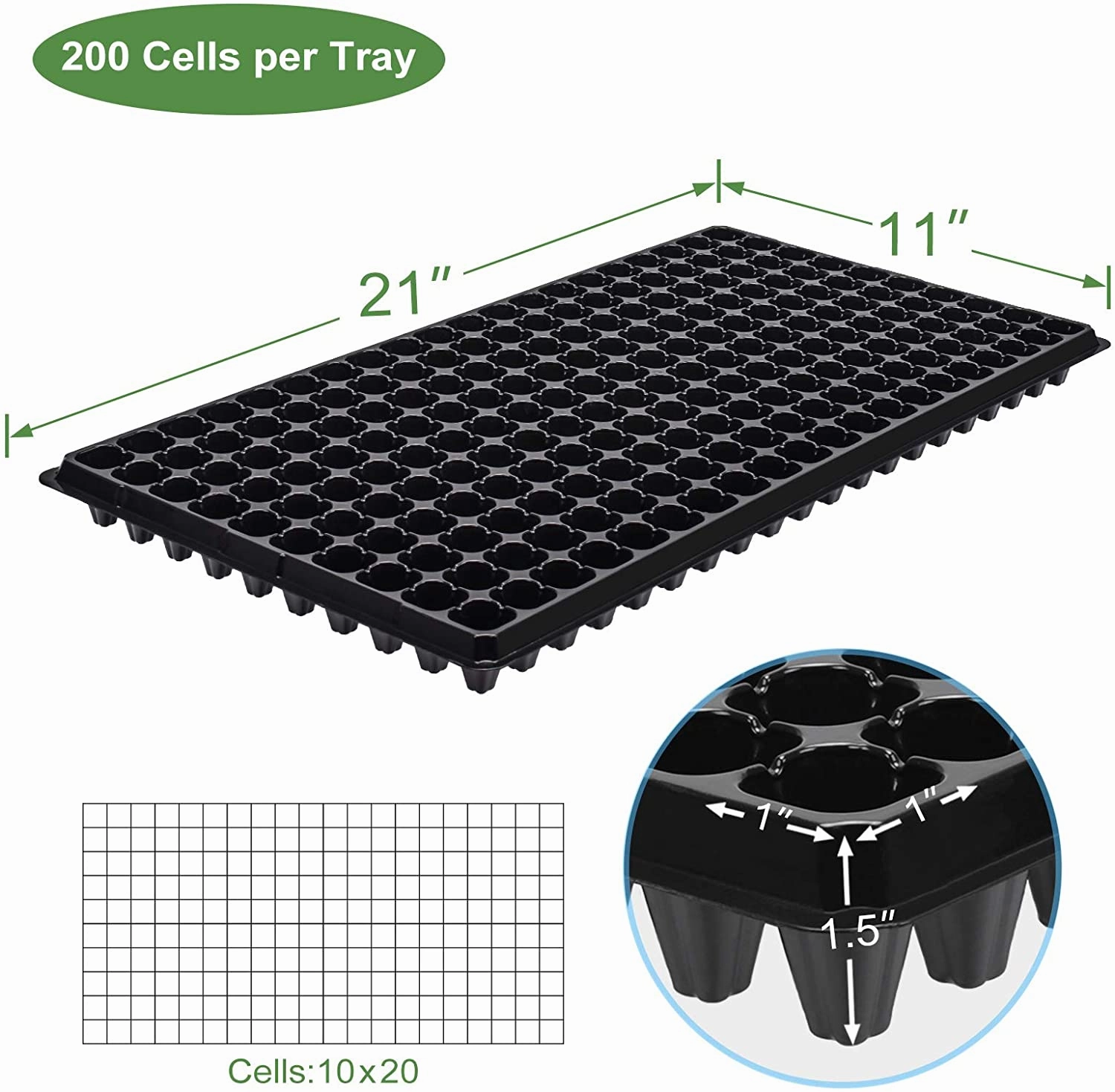 10 Pack of 200 Cell Seedling Trays with Drain Holes, 2000 Cells