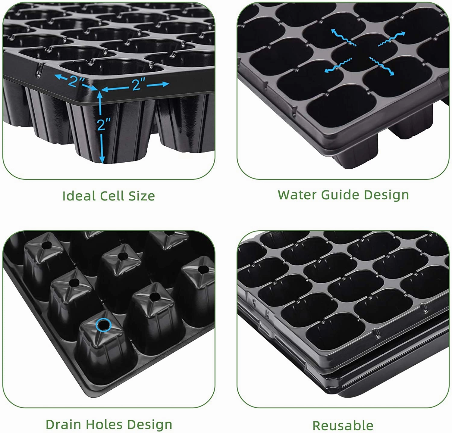 10 Pack of 50 Cell Seedling Trays with Drain Holes, 500 Cells