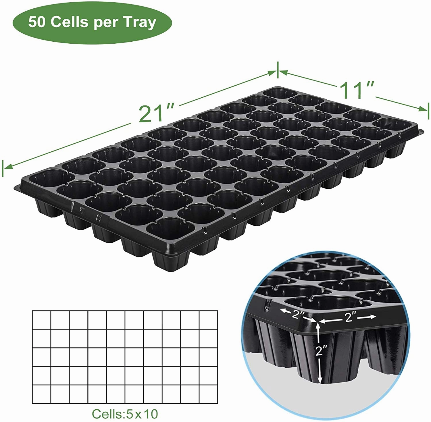 10 Pack of 50 Cell Seedling Trays with Drain Holes, 500 Cells
