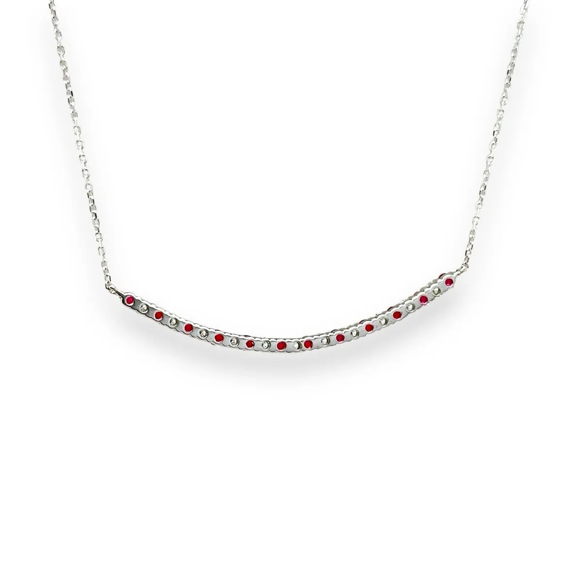 14K W Gold 16" 0.28ctw Diamond and 0.40ctw Rubies Curved Bar Necklace