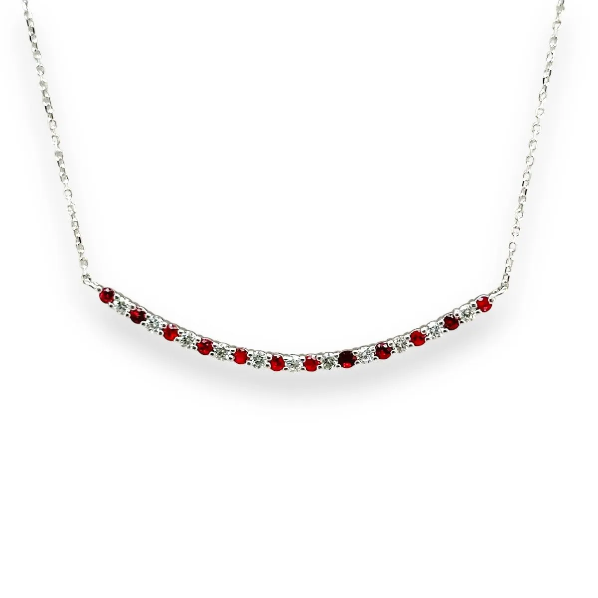 14K W Gold 16" 0.28ctw Diamond and 0.40ctw Rubies Curved Bar Necklace