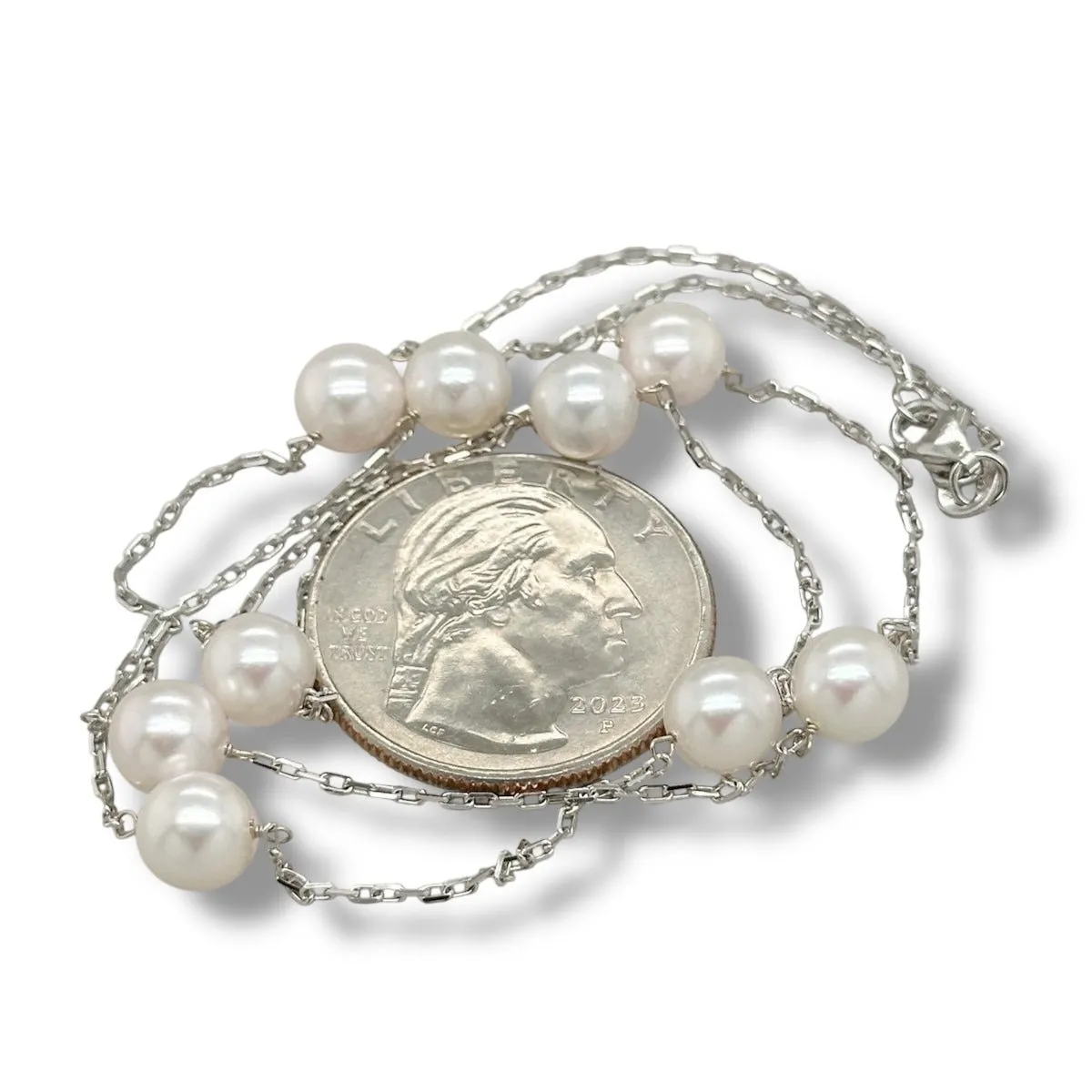 14K W Gold 6-6.50mm Akoya Pearl Mini Paperclip Necklace