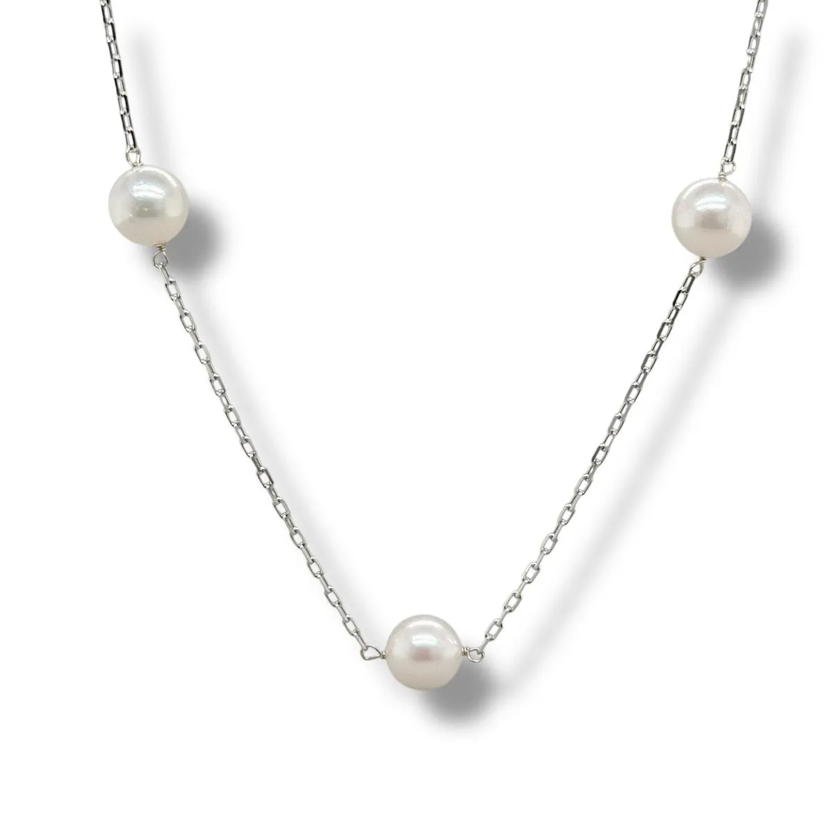 14K W Gold 6-6.50mm Akoya Pearl Mini Paperclip Necklace