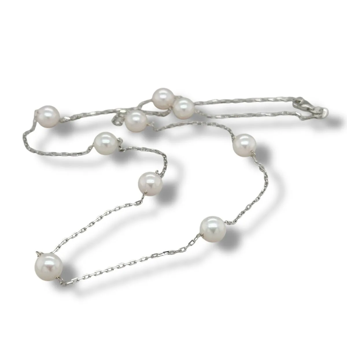 14K W Gold 6-6.50mm Akoya Pearl Mini Paperclip Necklace