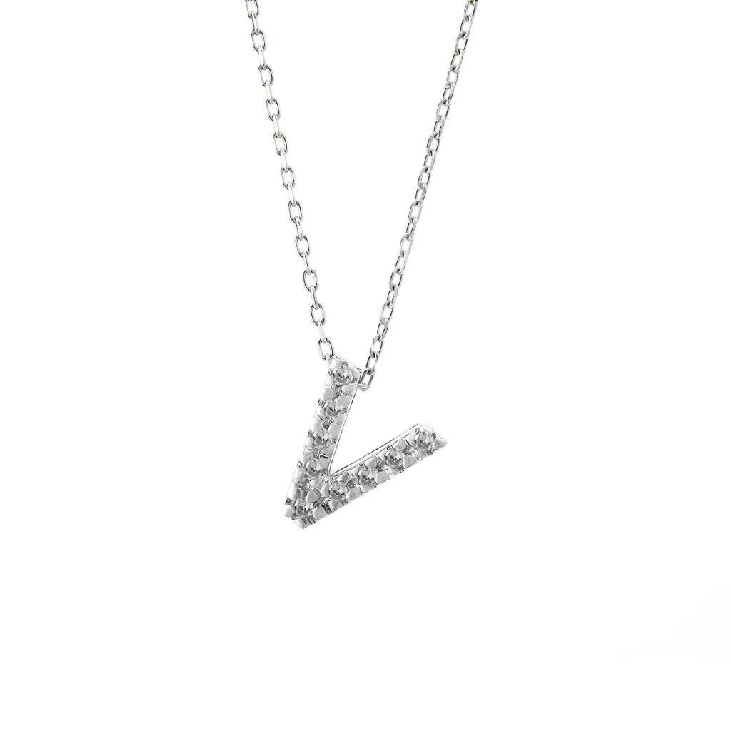 14K W Gold small 0.02ctw H/I1-SI2 diamond initial 'V' pendant