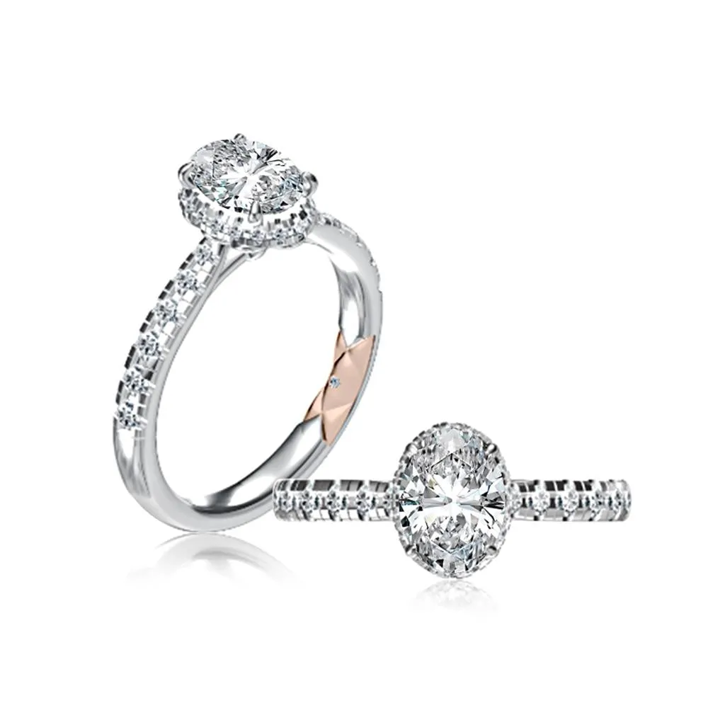 14K White Gold Hidden Halo Oval Natural Diamonds Engagement Ring