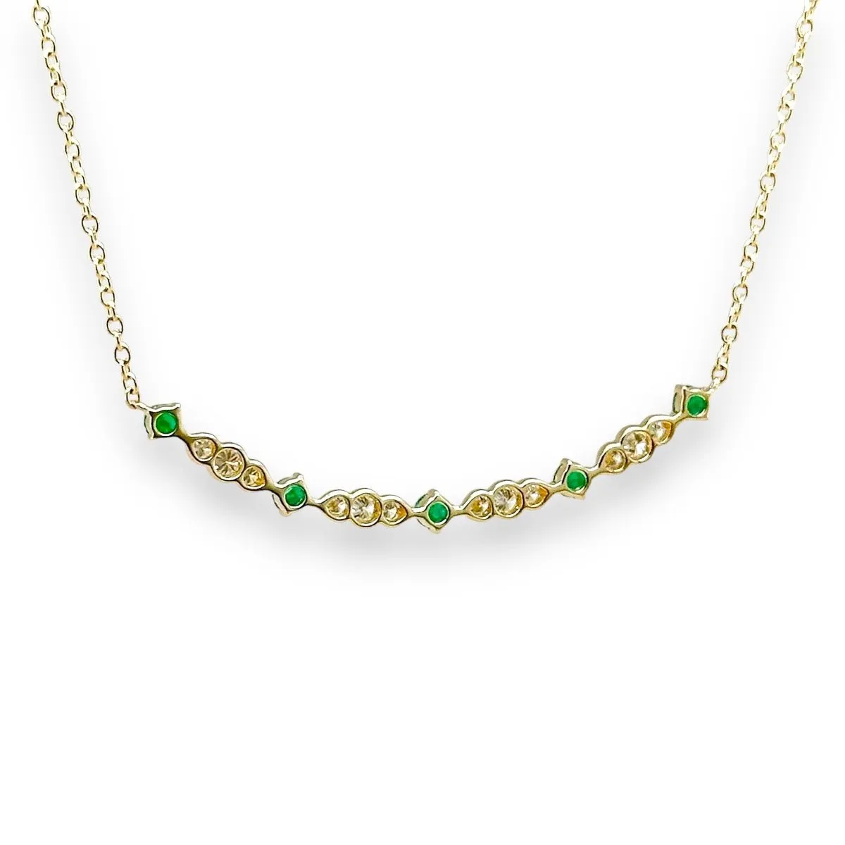 14K Y Gold 16" 0.22ctw Diamond and 0.28ctw Emerlads Curved Bar Necklace