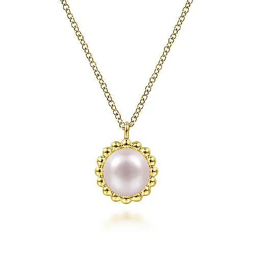 14K Y Gold 7mm Pearl Necklace with Beaded Frame