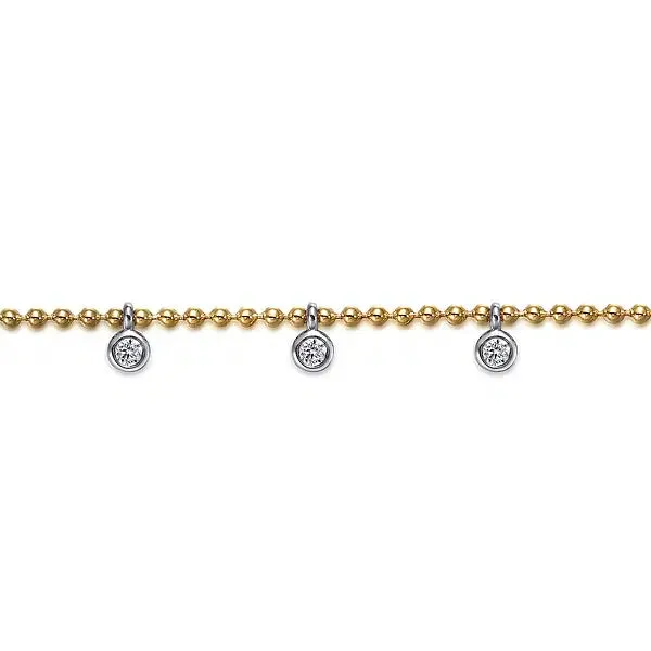 14K Y Gold 7" 0.40ctw Beaded Bracelet with 7 Dangling Diamonds