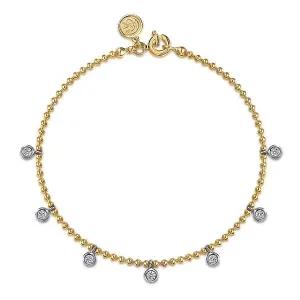 14K Y Gold 7" 0.40ctw Beaded Bracelet with 7 Dangling Diamonds