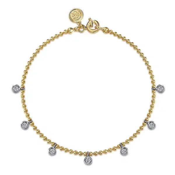 14K Y Gold 7" 0.40ctw Beaded Bracelet with 7 Dangling Diamonds