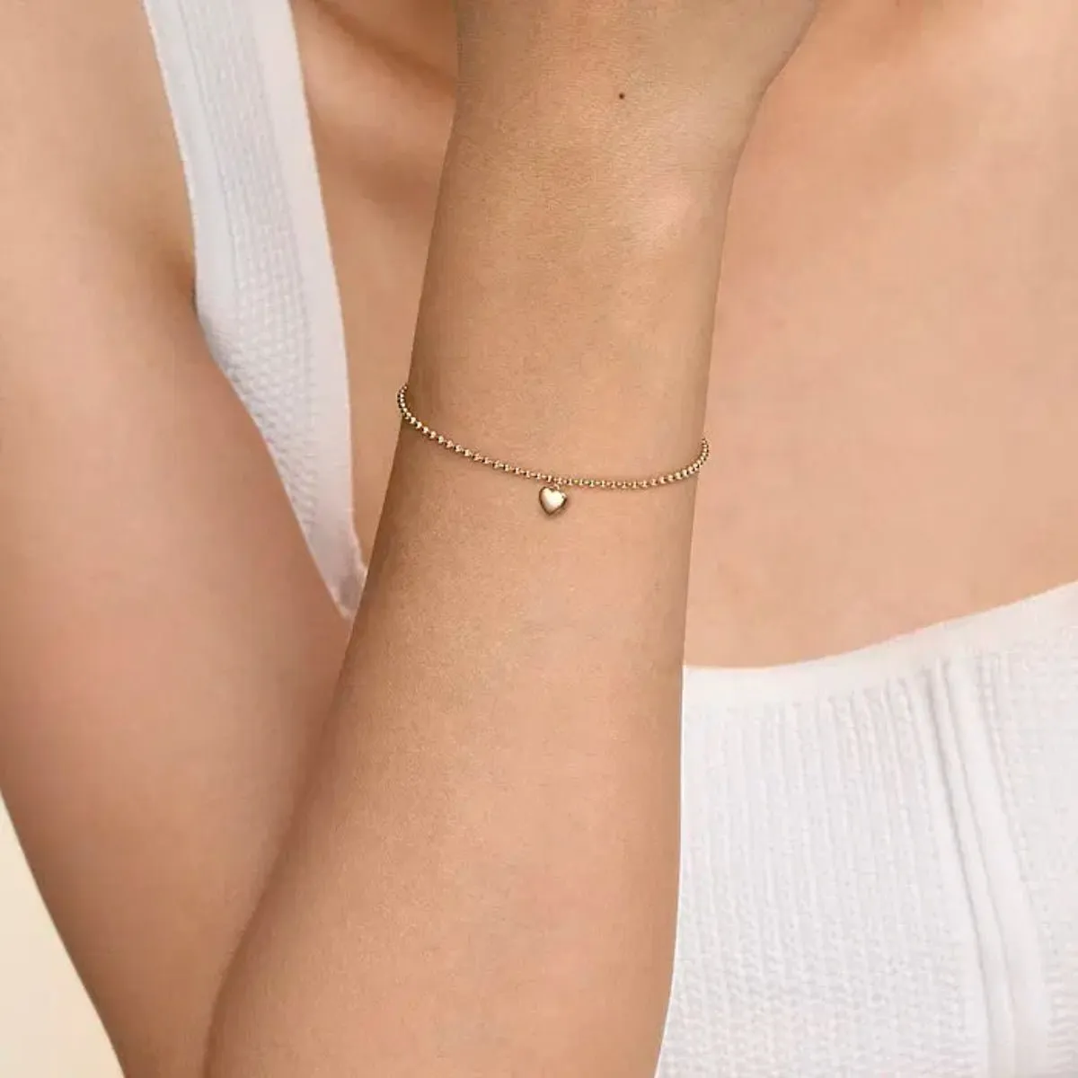 14K Y Gold 7" Beaded Bracelet with Heart