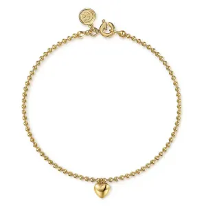 14K Y Gold 7" Beaded Bracelet with Heart