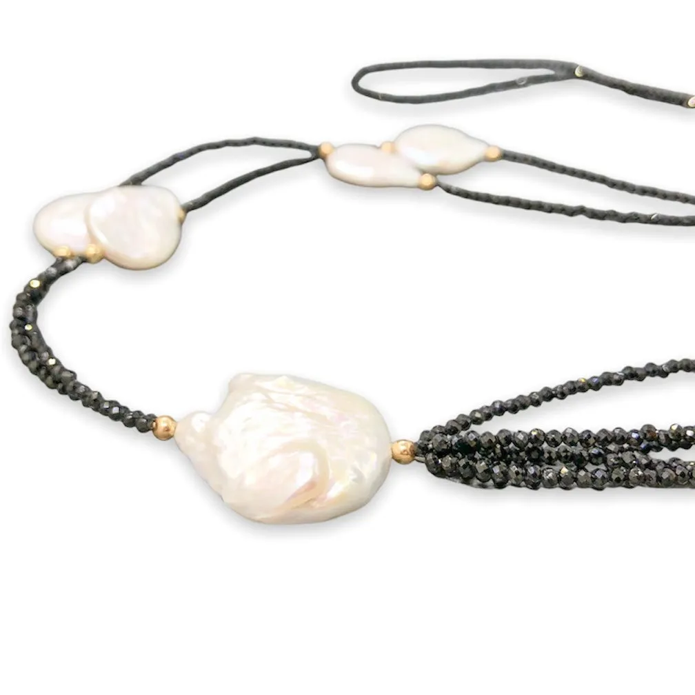 14K Y Gold Baroque FWP Black Spinel 30 Tassel Necklace