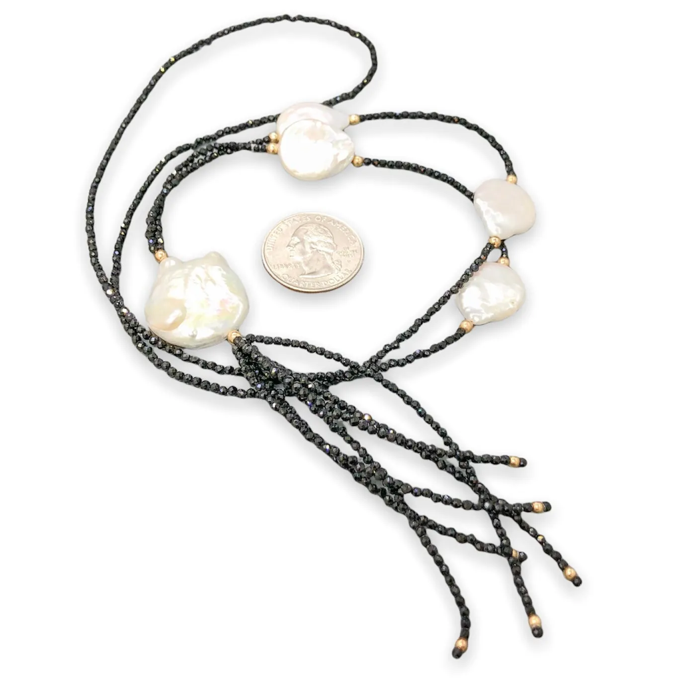 14K Y Gold Baroque FWP Black Spinel 30 Tassel Necklace
