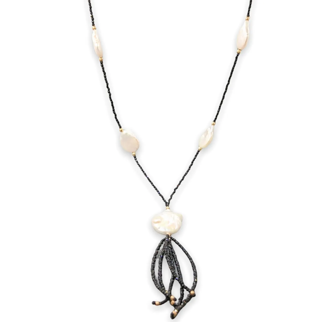 14K Y Gold Baroque FWP Black Spinel 30 Tassel Necklace