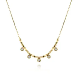14K Y Gold Beaded Necklace with Diamond 0.15ctw Diamond Drops