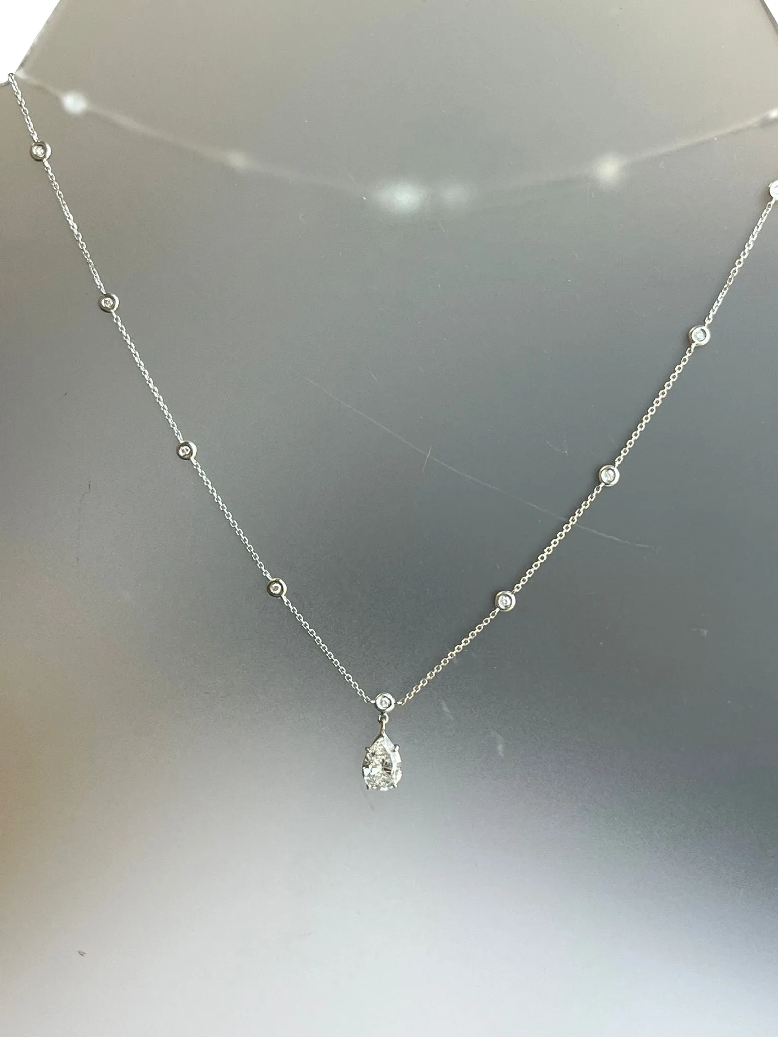 1.56ct Pear Shape Diamond Link Chain Station Necklace Pendant 14K White Gold