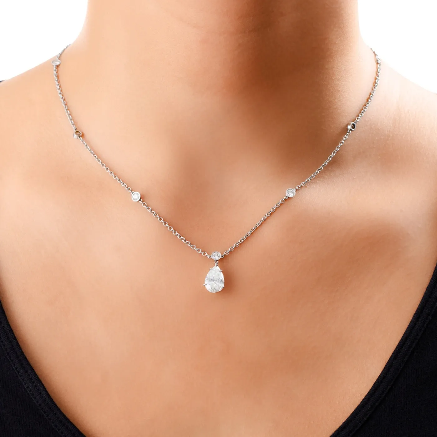 1.56ct Pear Shape Diamond Link Chain Station Necklace Pendant 14K White Gold