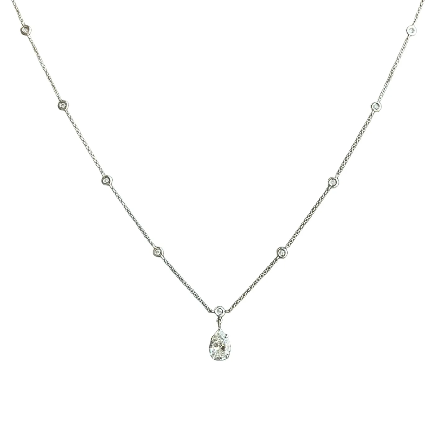 1.56ct Pear Shape Diamond Link Chain Station Necklace Pendant 14K White Gold
