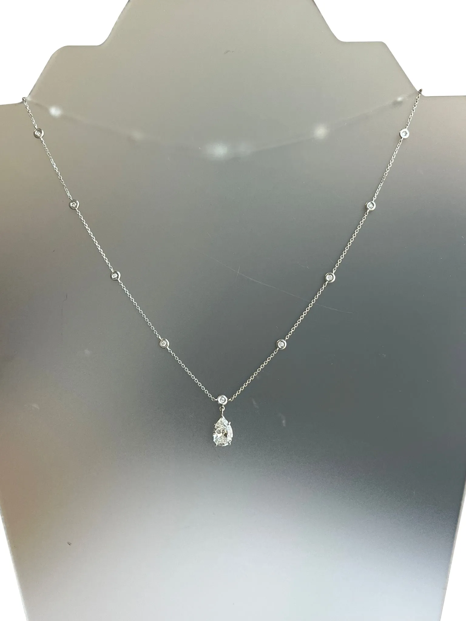 1.56ct Pear Shape Diamond Link Chain Station Necklace Pendant 14K White Gold