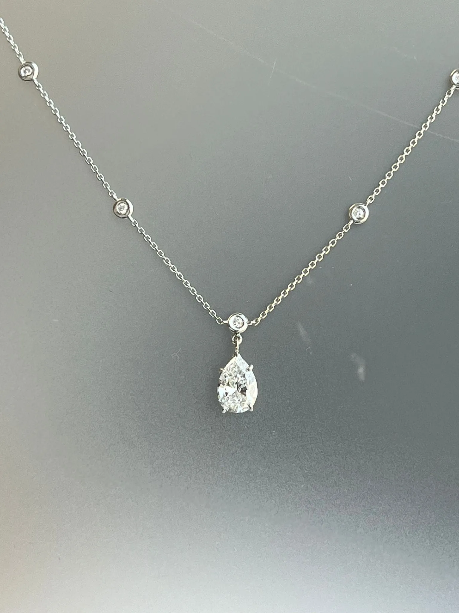 1.56ct Pear Shape Diamond Link Chain Station Necklace Pendant 14K White Gold