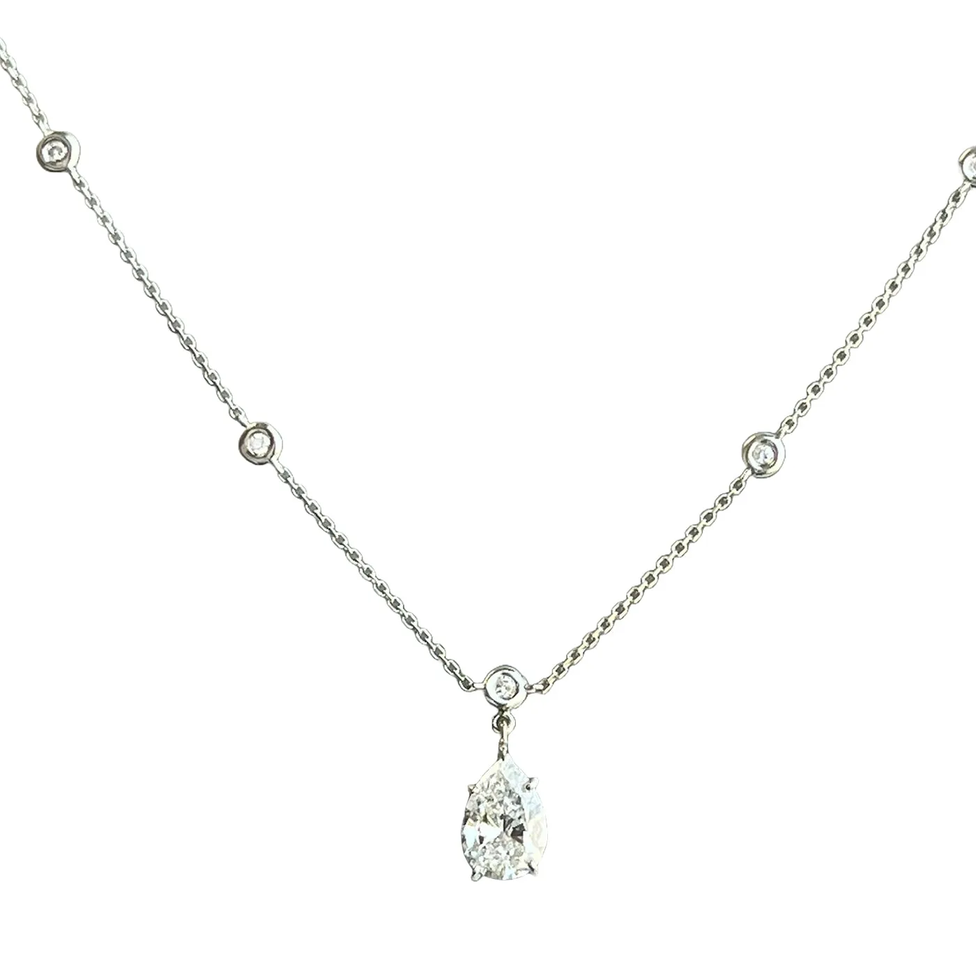 1.56ct Pear Shape Diamond Link Chain Station Necklace Pendant 14K White Gold