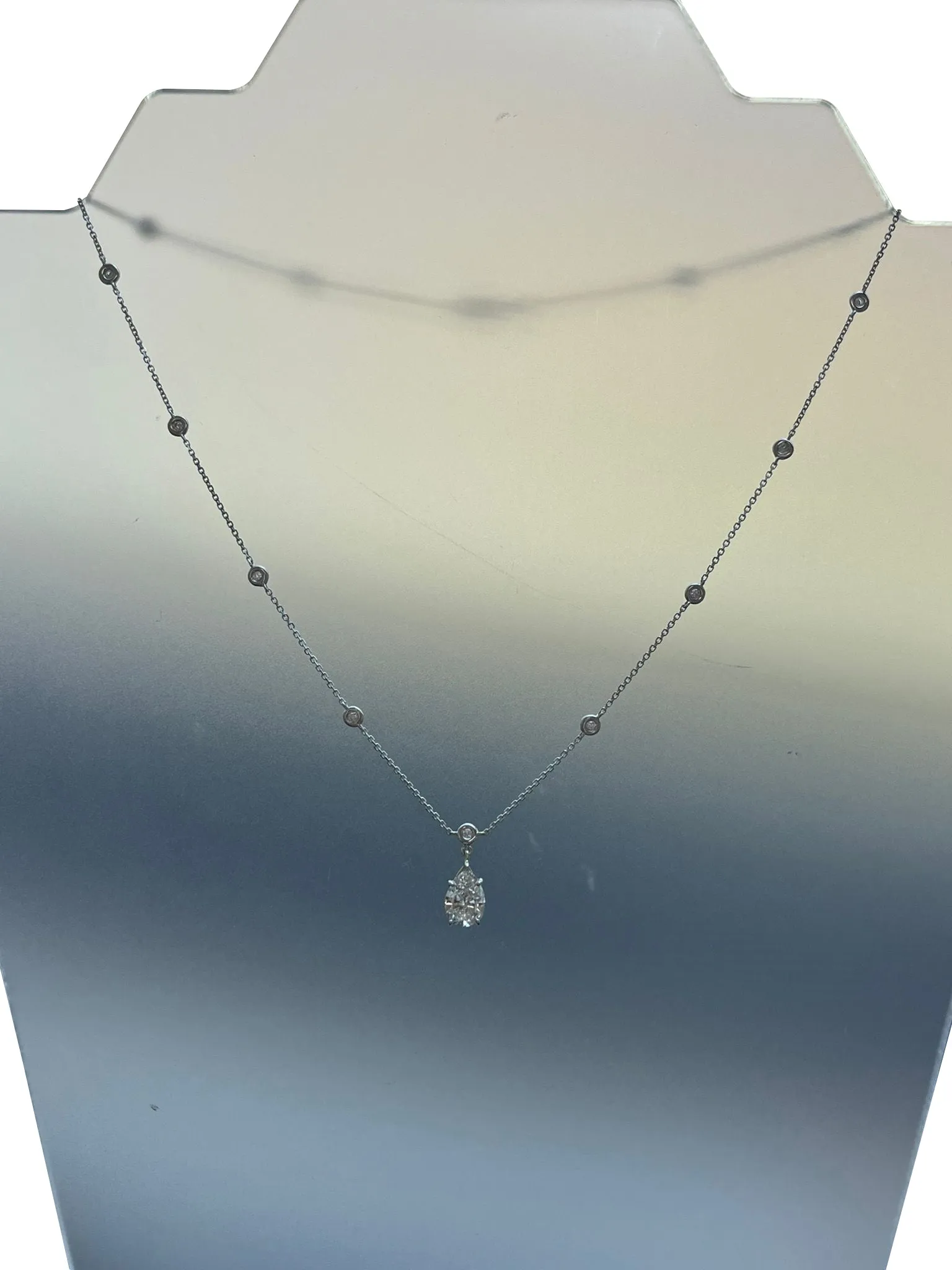 1.56ct Pear Shape Diamond Link Chain Station Necklace Pendant 14K White Gold
