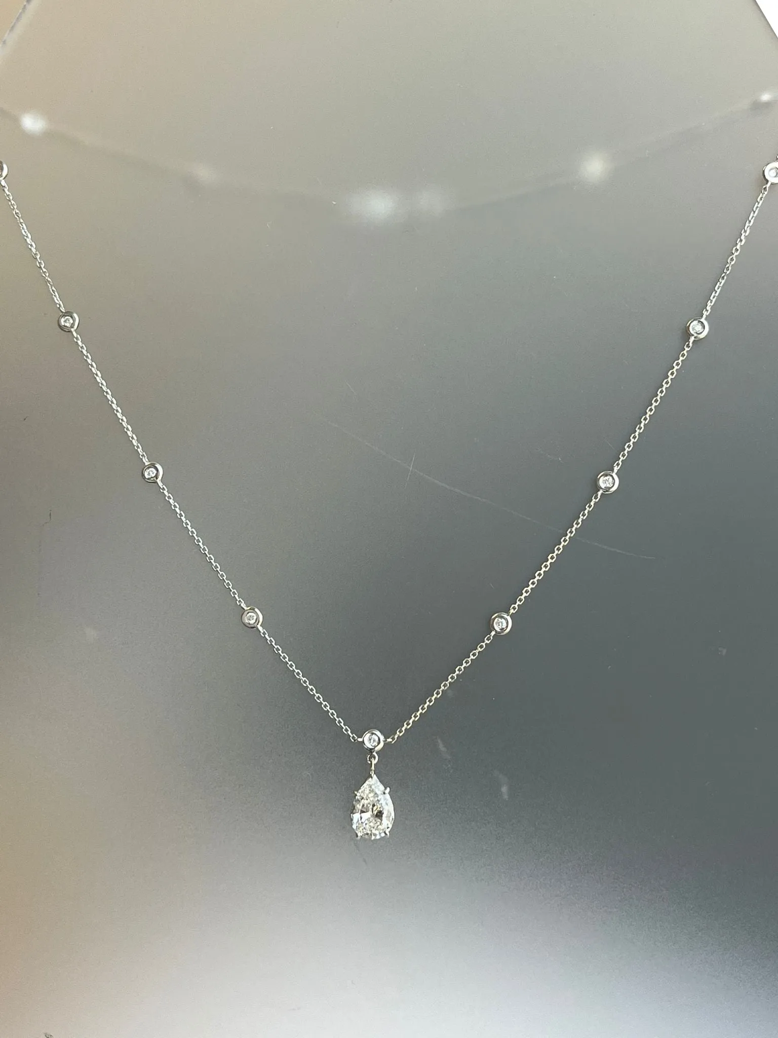 1.56ct Pear Shape Diamond Link Chain Station Necklace Pendant 14K White Gold