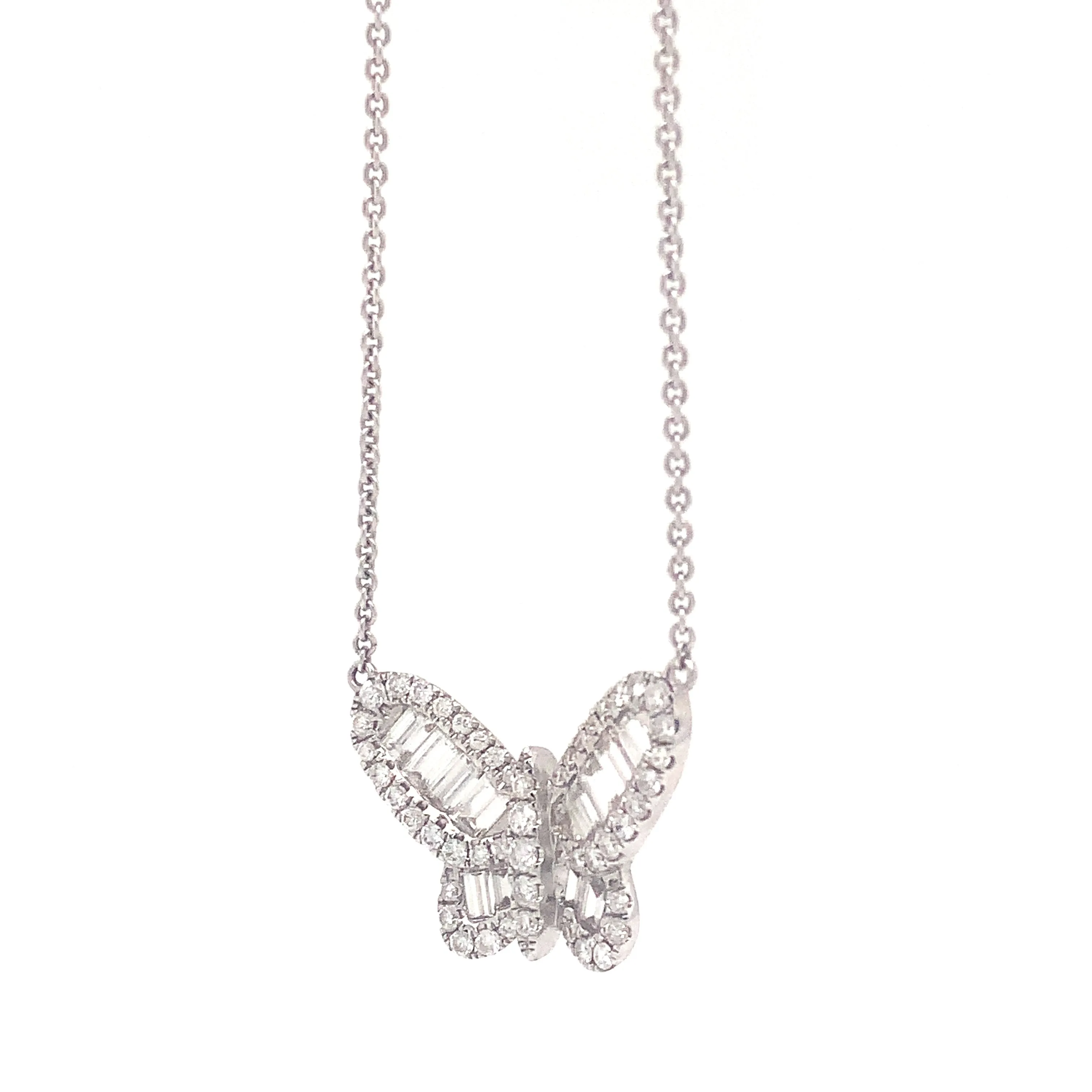 18 Karat White Gold Diamond Butterfly Necklace with baguettes