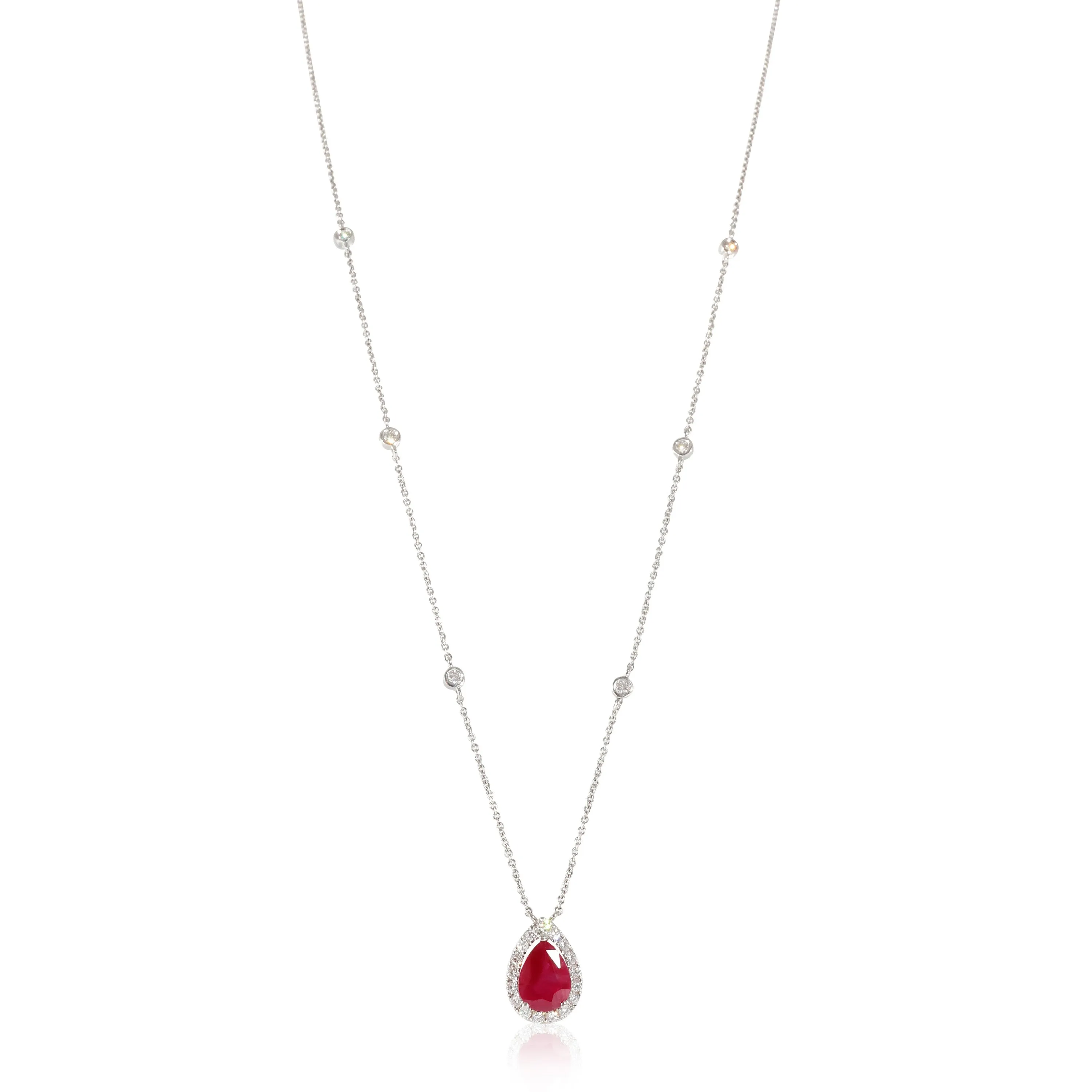 18K White Gold Ruby Halo Pendant With Diamond Chain, .30 Ctw.