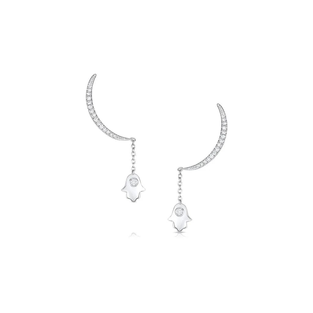 18KT WHITE GOLD DIAMOND HALF MOON HAMSA DROP EARRING