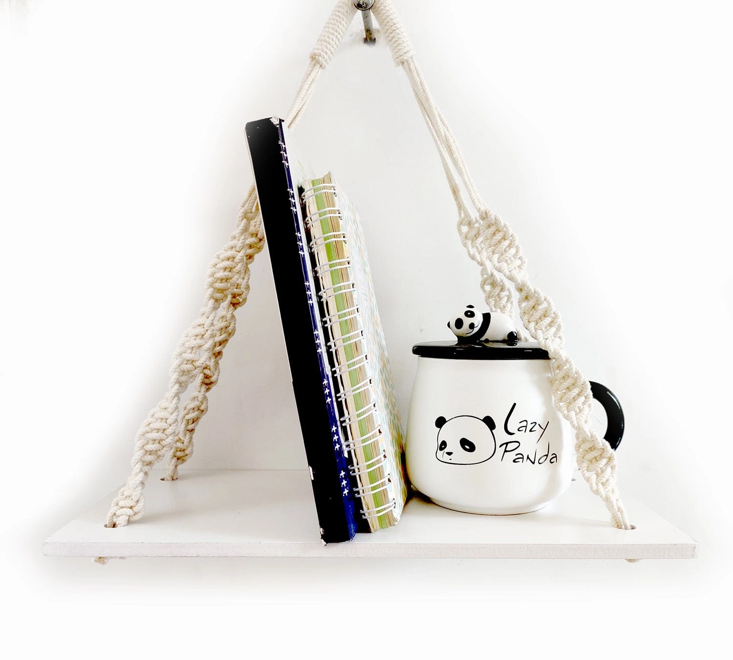 1 Tier Wooden White Wall Hanging Shelves With Rope