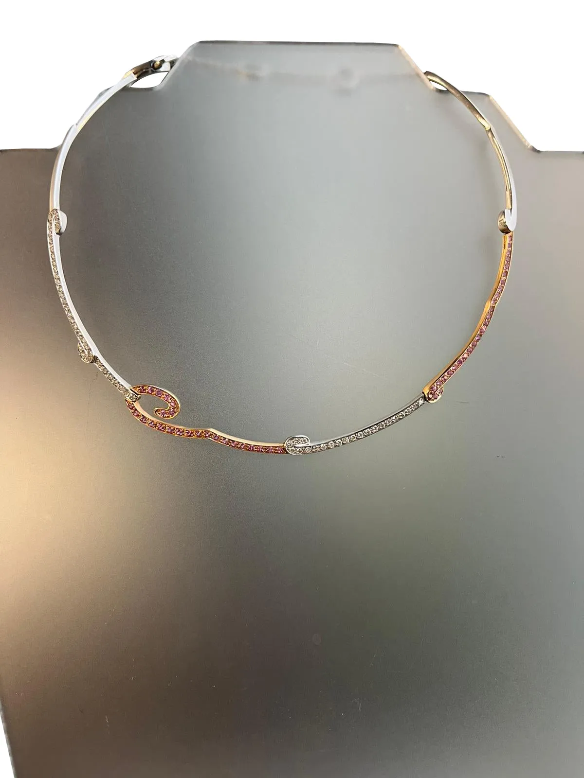 2.15ct Natural Diamonds Pink Sapphire 18k White and Rose gold Italian Necklace