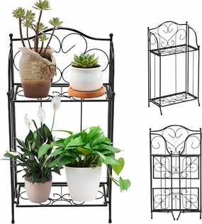 2 Tier Metal Plant Stand Scrollwork Design Indoor and Outdoor Flower Rack Pot Shelf Home Storage Organizer Shelf, Black (Plain Plant Stand) cactus succulent plant  