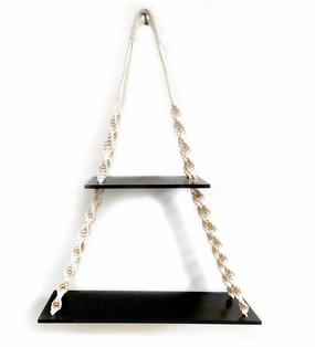 2 Tier Wooden Black Wall Hanging Shelves With Rope cactus succulent plant  