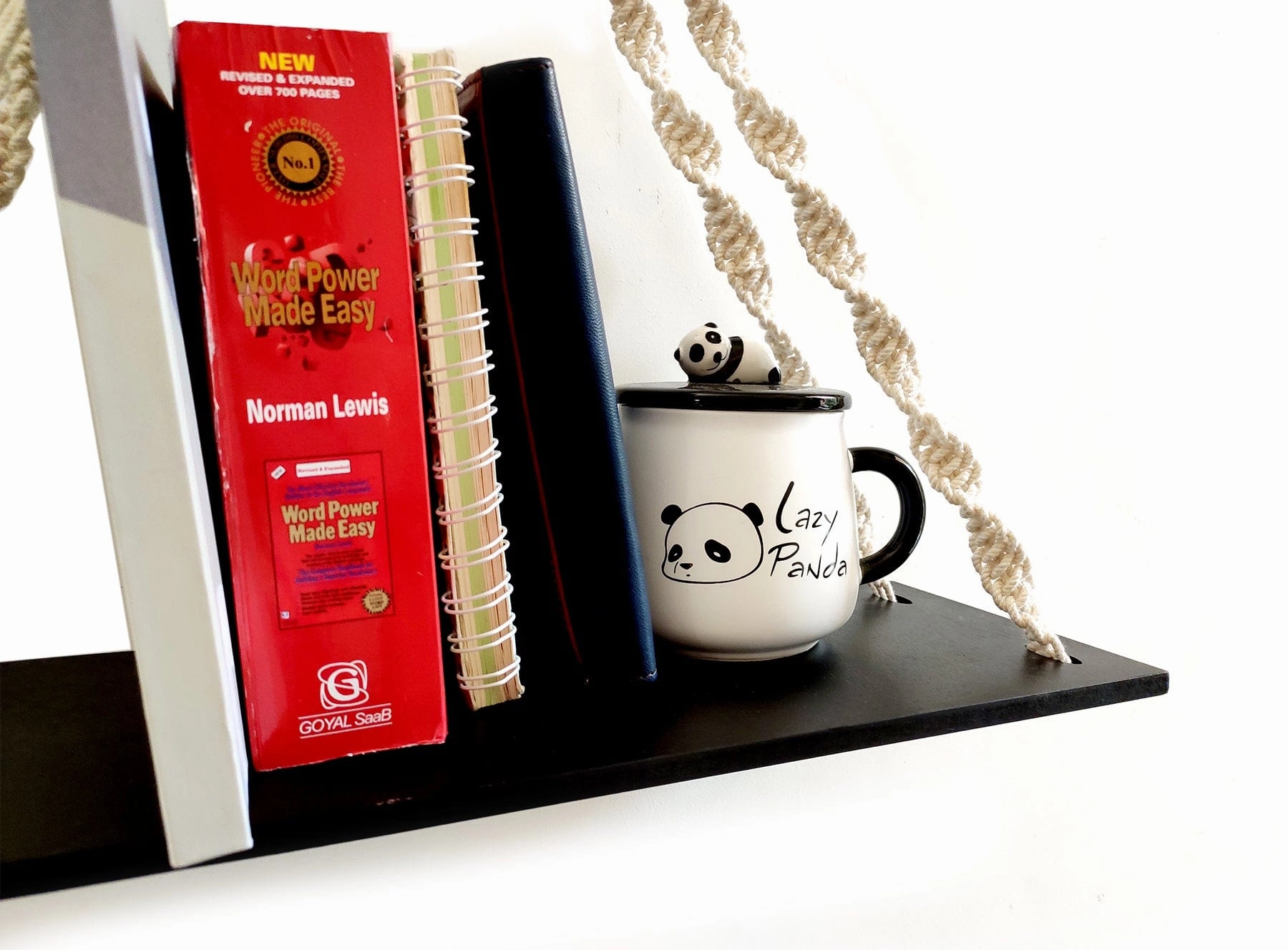 2 Tier Wooden Black Wall Hanging Shelves With Rope