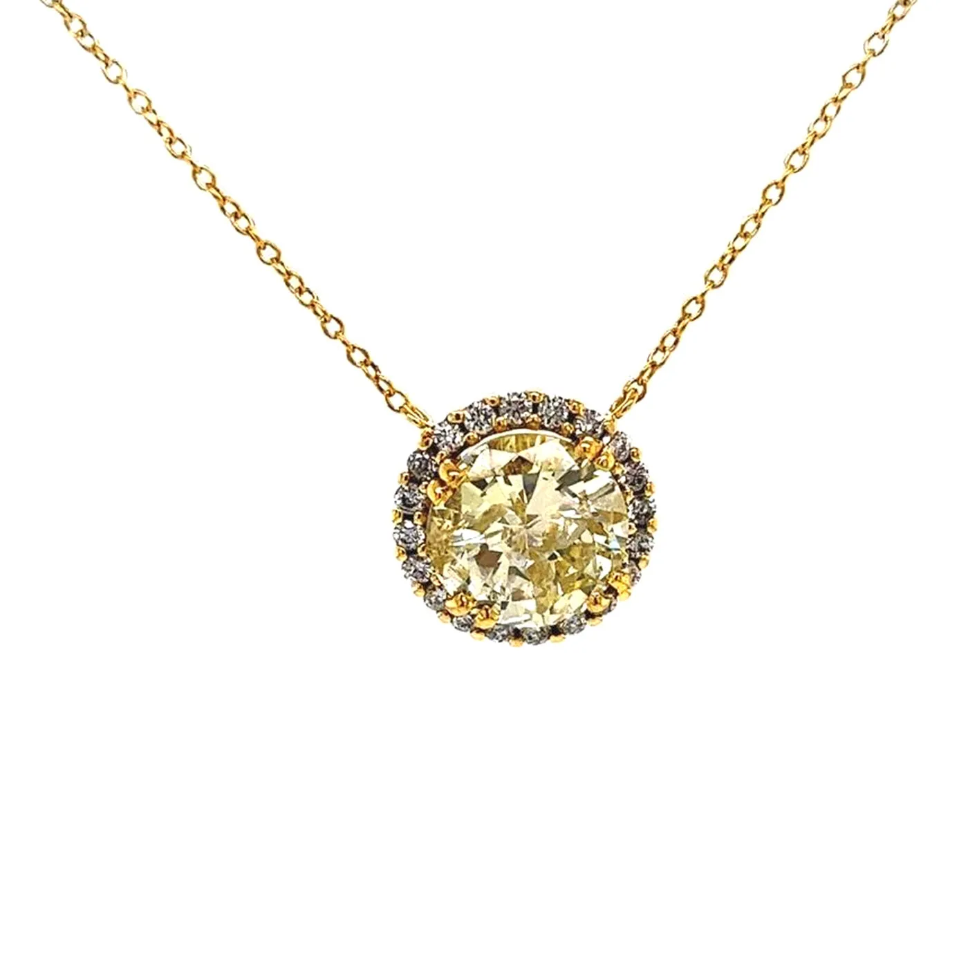 3.15 Carat Natural Fancy Yellow Round Diamond 18K Gold Halo Pendant Necklace