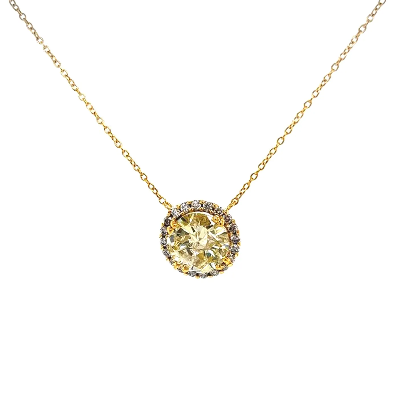 3.15 Carat Natural Fancy Yellow Round Diamond 18K Gold Halo Pendant Necklace