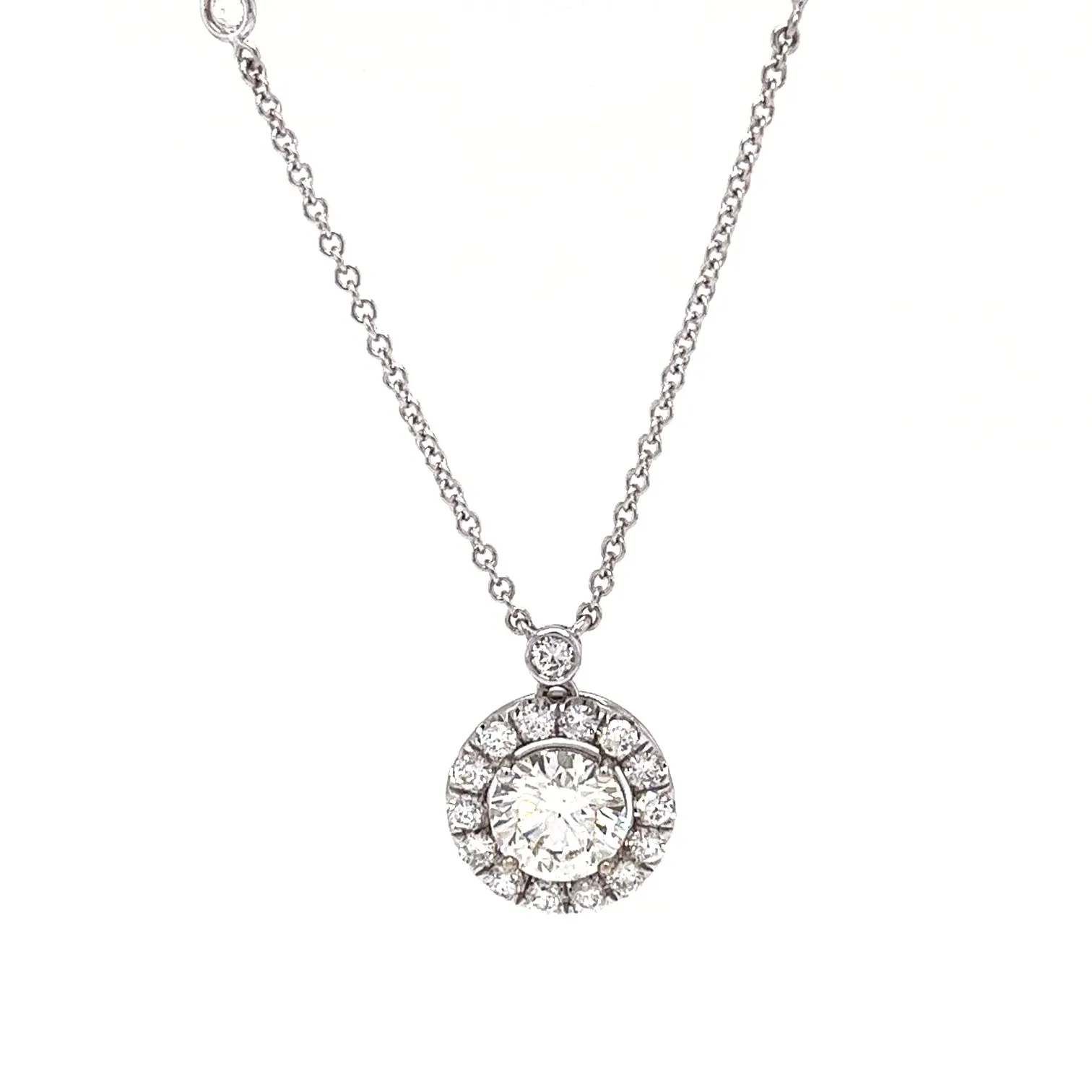 3.35ct Natural Round Diamond Halo Pendant Station Necklace in?14K White?Gold