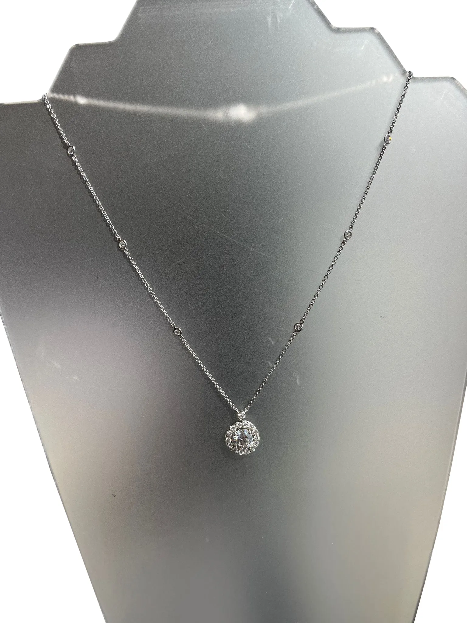 3.35ct Natural Round Diamond Halo Pendant Station Necklace in?14K White?Gold