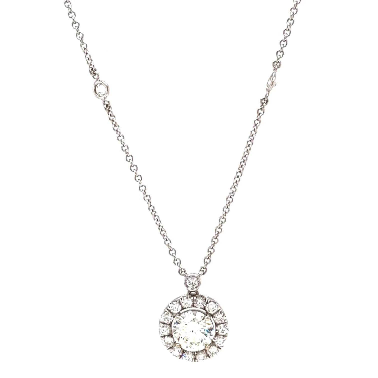 3.35ct Natural Round Diamond Halo Pendant Station Necklace in?14K White?Gold