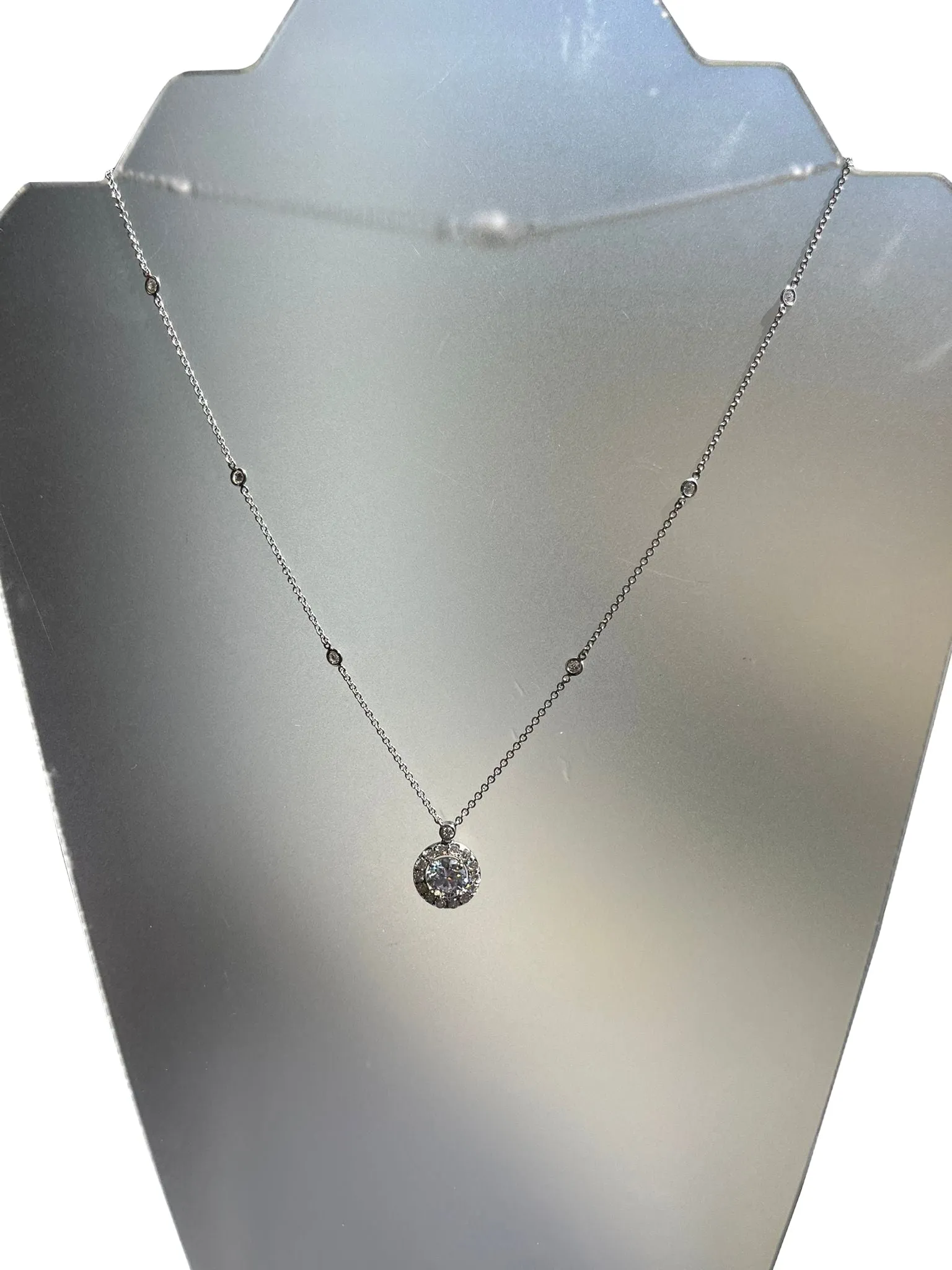3.35ct Natural Round Diamond Halo Pendant Station Necklace in?14K White?Gold