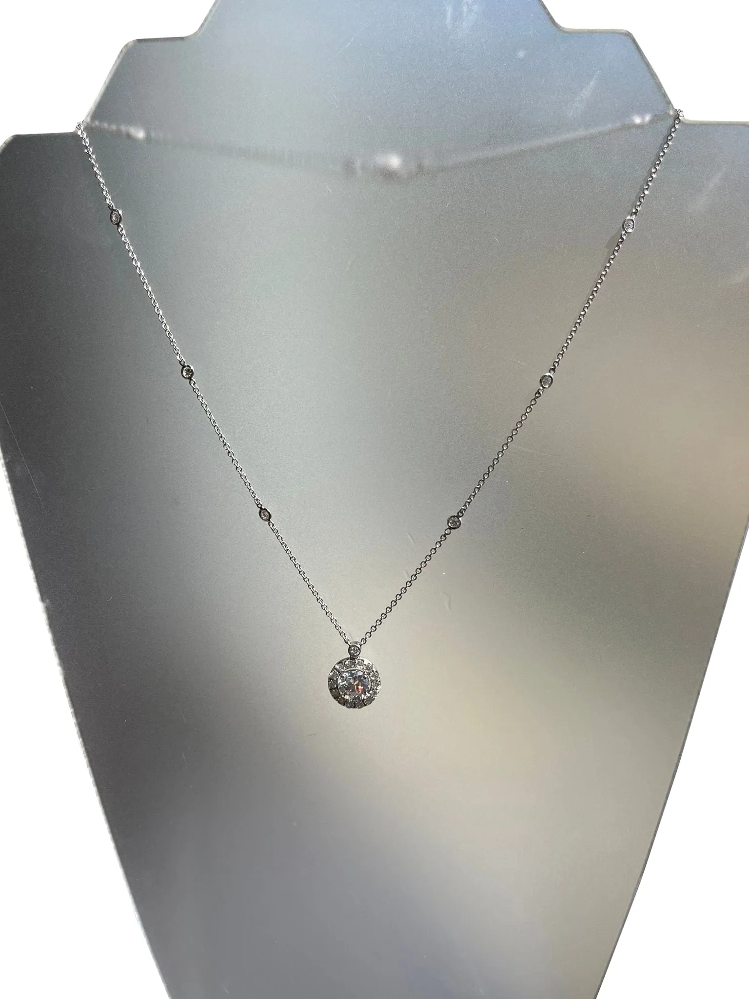 3.35ct Natural Round Diamond Halo Pendant Station Necklace in?14K White?Gold