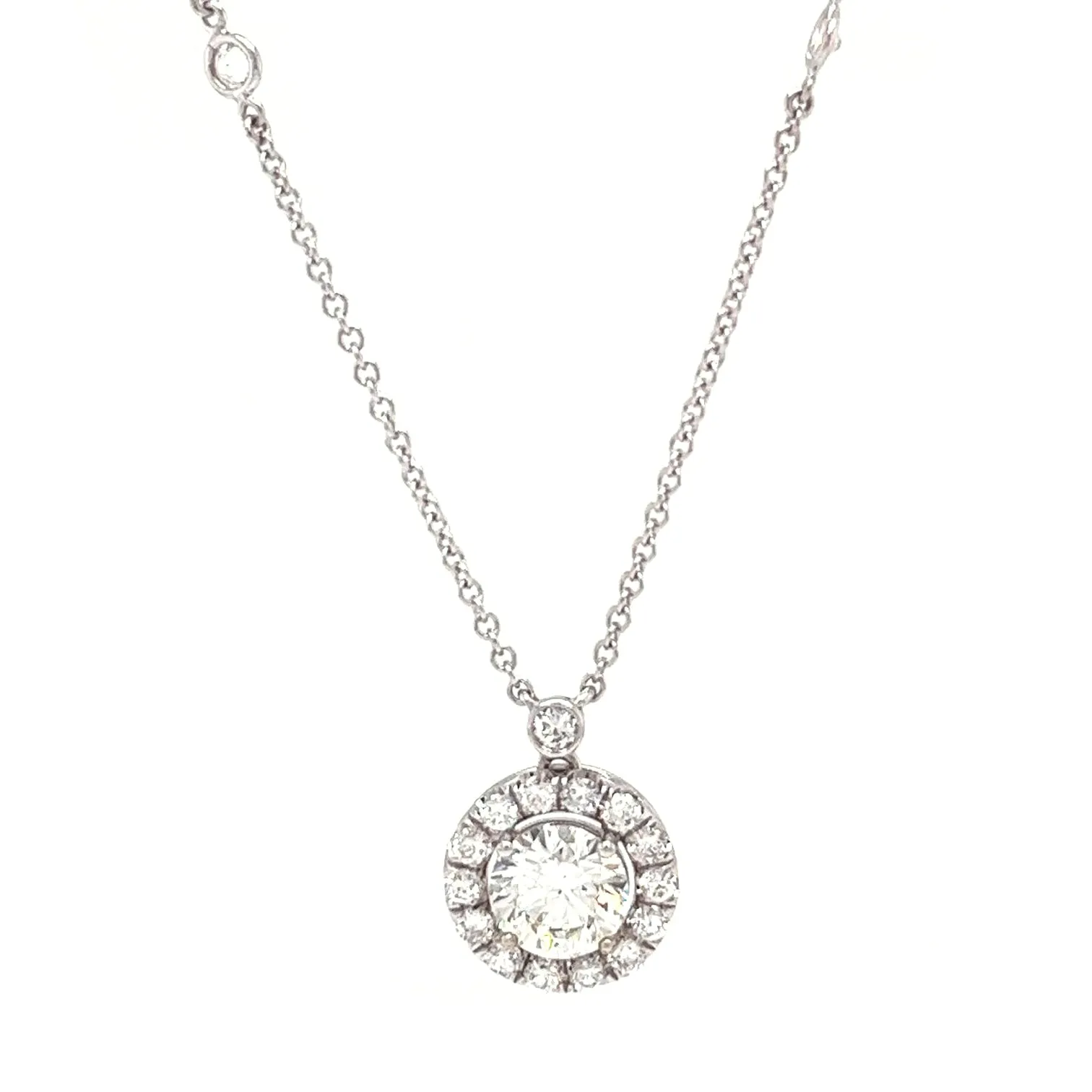 3.35ct Natural Round Diamond Halo Pendant Station Necklace in?14K White?Gold