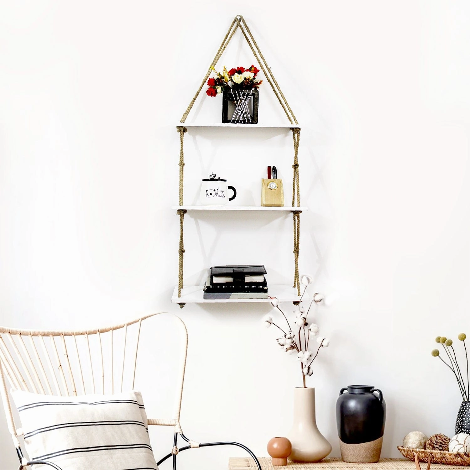 3-Tier Wall Hanging Shelf With Cross Jute Rope