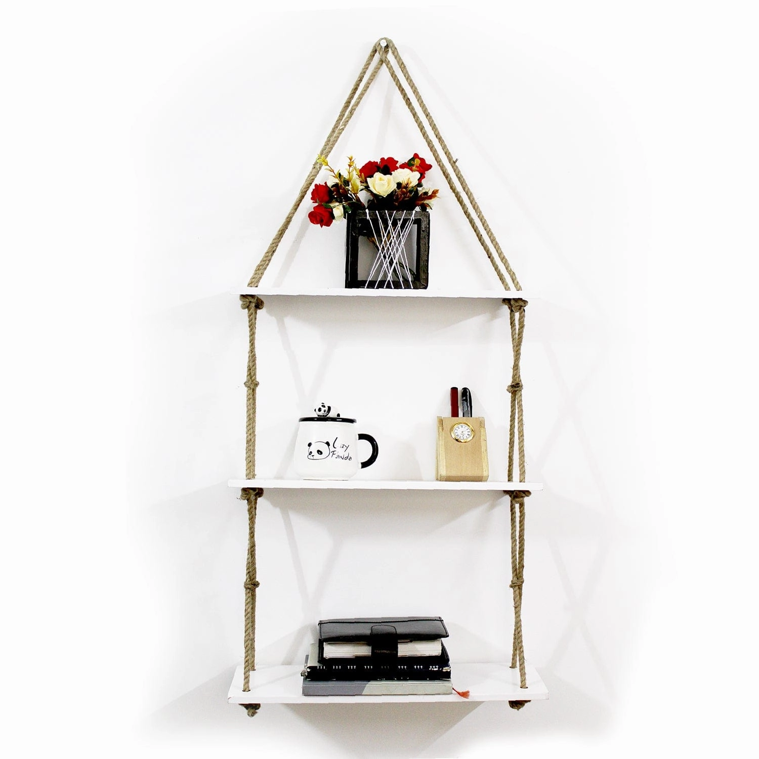 3-Tier Wall Hanging Shelf With Cross Jute Rope cactus succulent plant  