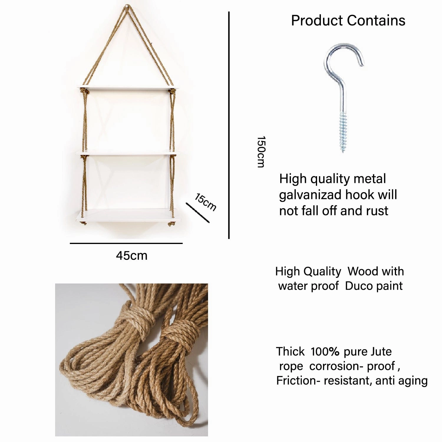 3-Tier Wall Hanging Shelf With Cross Jute Rope