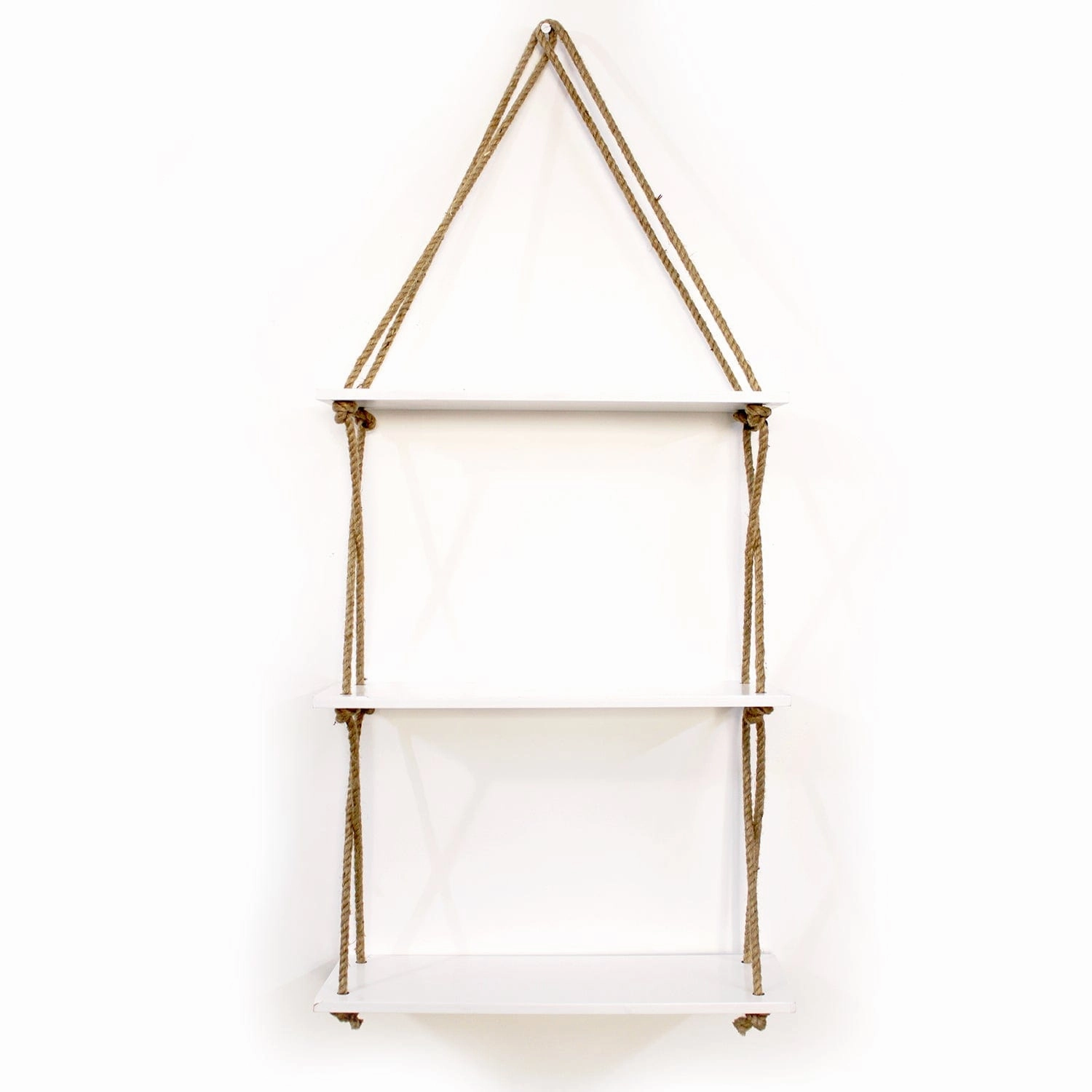 3-Tier White Wall Hanging Shelf and LED light with Jute Rope